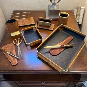 11 Piece RARE GOLDPFEIL GOLD PFEIL Leather Gold Desk Set CARACCIOLA Vintage